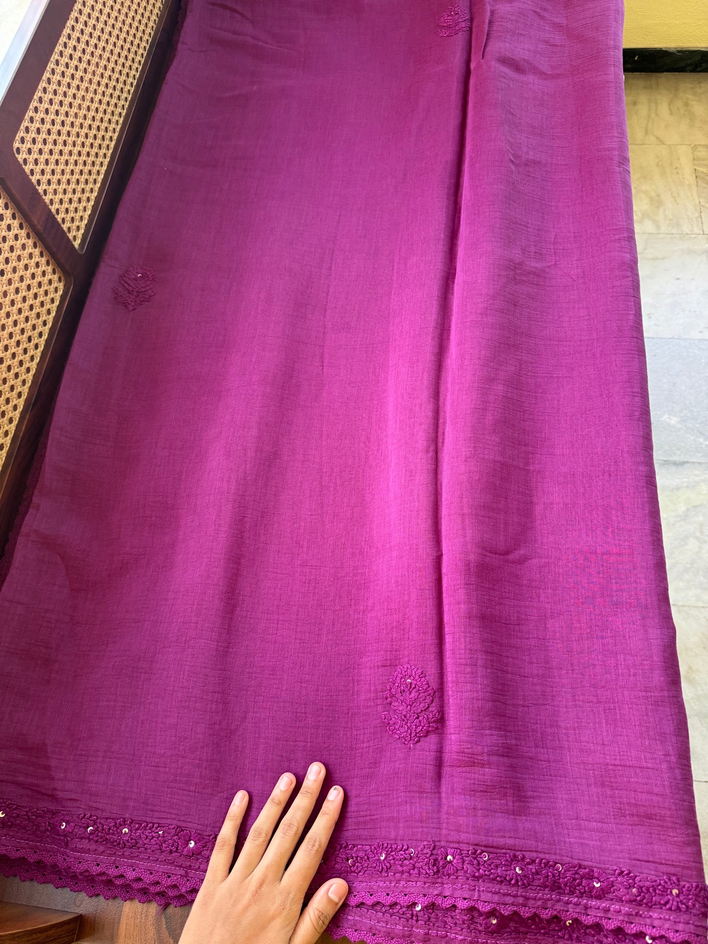Pure Mul Chanderi Chikankari Saree with heavy blouse - Purple