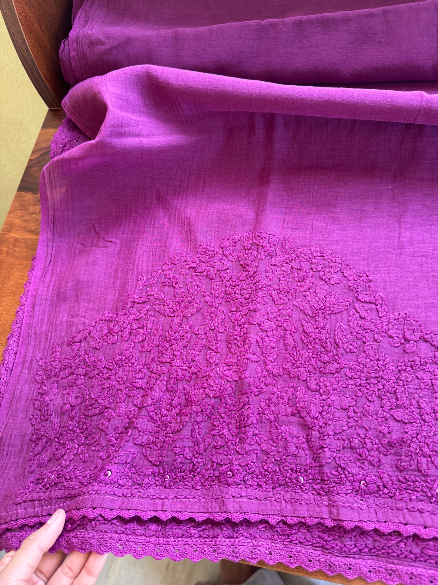 Pure Mul Chanderi Chikankari Saree with heavy blouse - Purple