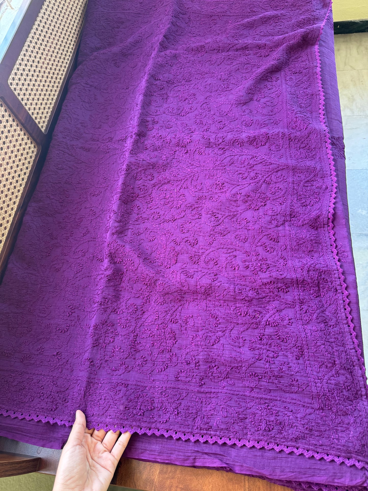 Pure Mul Chanderi Chikankari Saree with Jaal Pallu - Purple