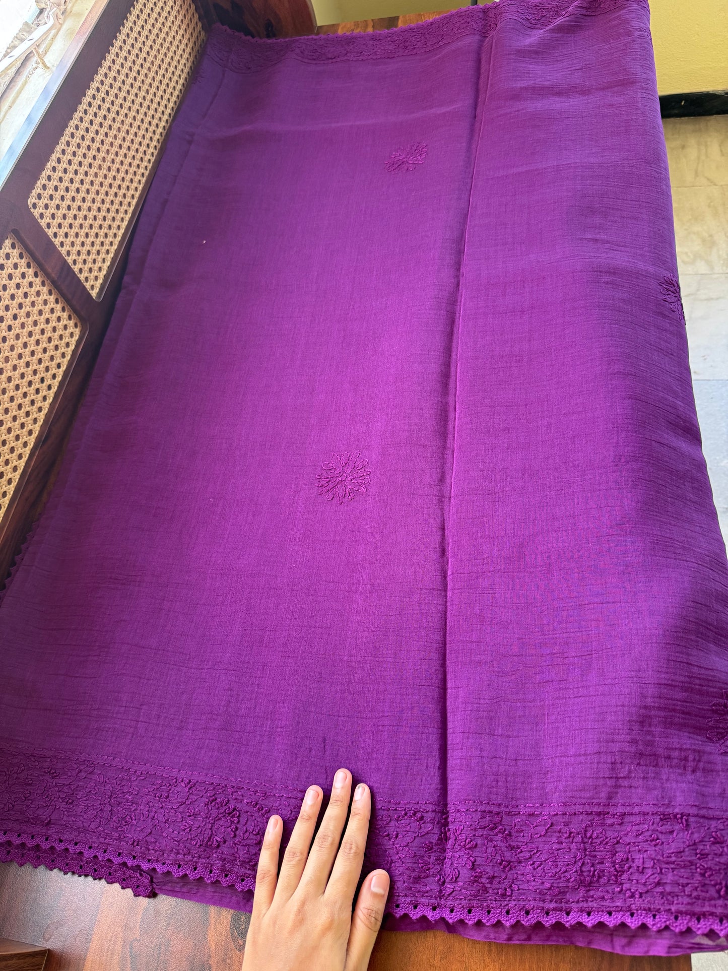 Pure Mul Chanderi Chikankari Saree with Jaal Pallu - Purple