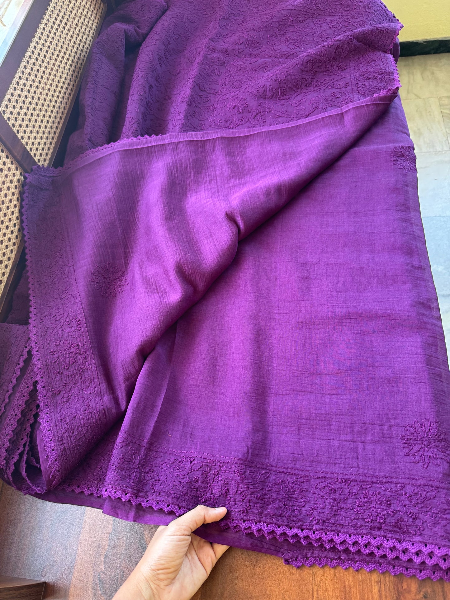 Pure Mul Chanderi Chikankari Saree with Jaal Pallu - Purple