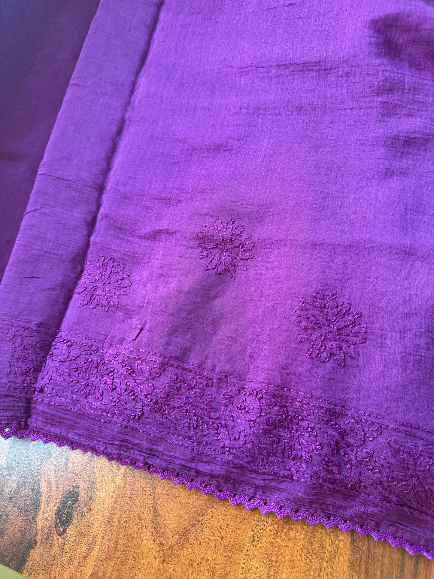 Pure Mul Chanderi Chikankari Saree with Jaal Pallu - Purple