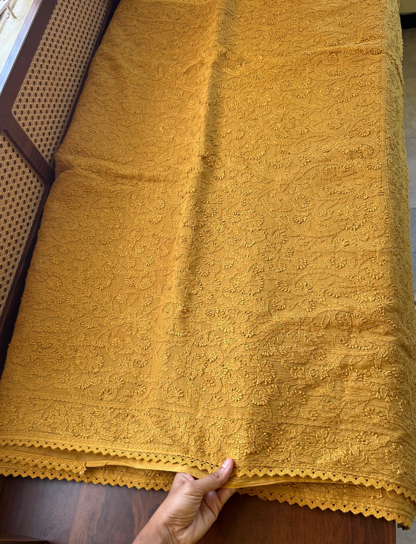 Pure Mul Chanderi Chikankari Saree with Jaal Pallu - Mustard Yellow