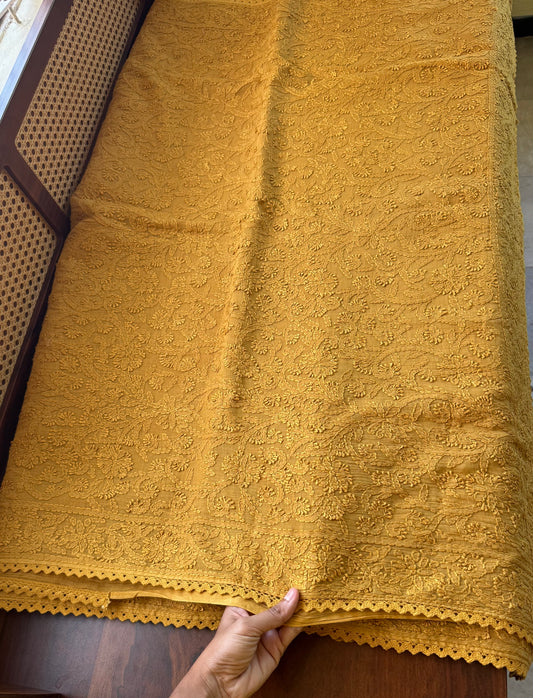 Pure Mul Chanderi Chikankari Saree with Jaal Pallu - Mustard Yellow