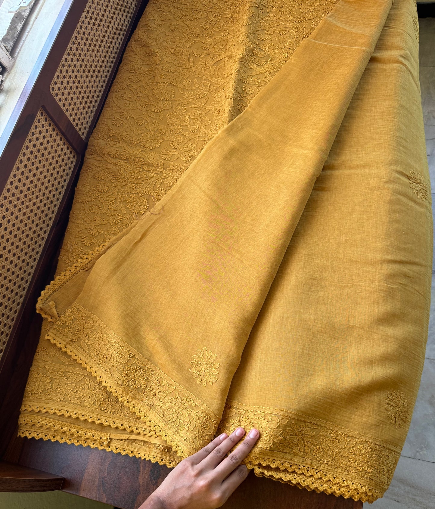Pure Mul Chanderi Chikankari Saree with Jaal Pallu - Mustard Yellow