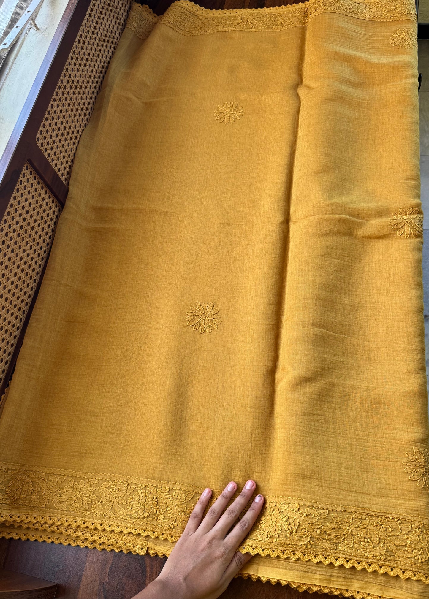 Pure Mul Chanderi Chikankari Saree with Jaal Pallu - Mustard Yellow