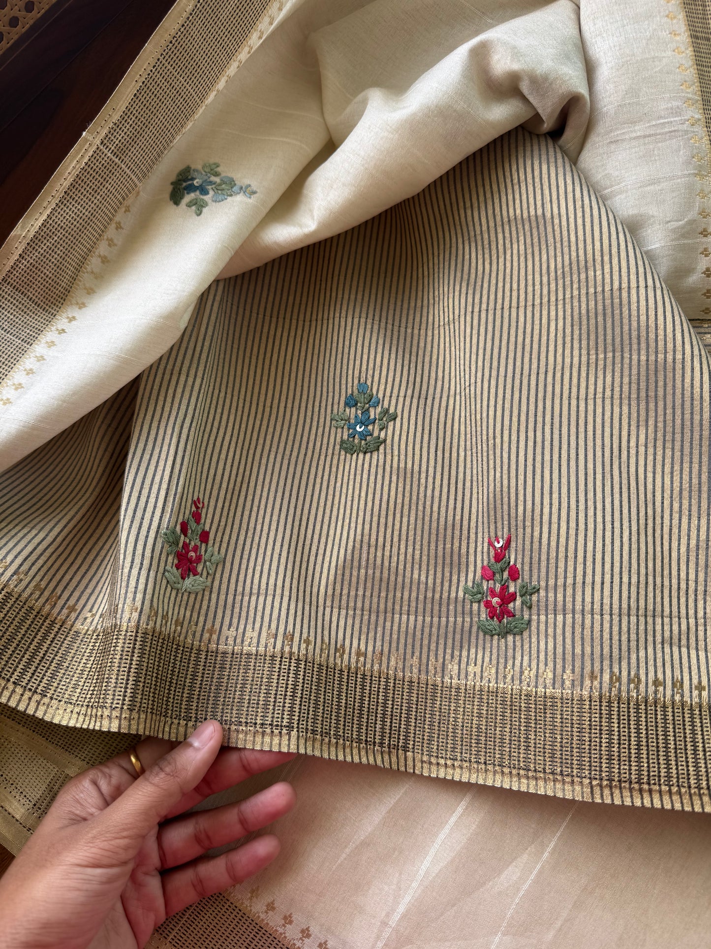 Hand Embroidered Tussar Blend Saree - Halfwhite