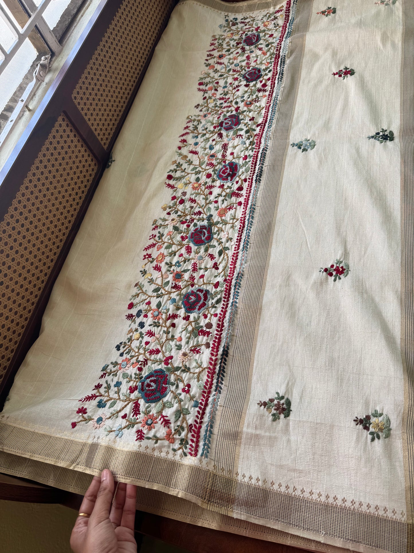 Hand Embroidered Tussar Blend Saree - Halfwhite
