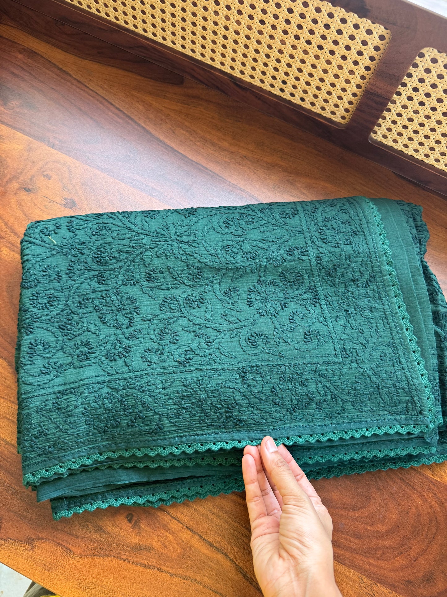 Pure Mul Chanderi Chikankari Saree with Jaal Pallu - Green