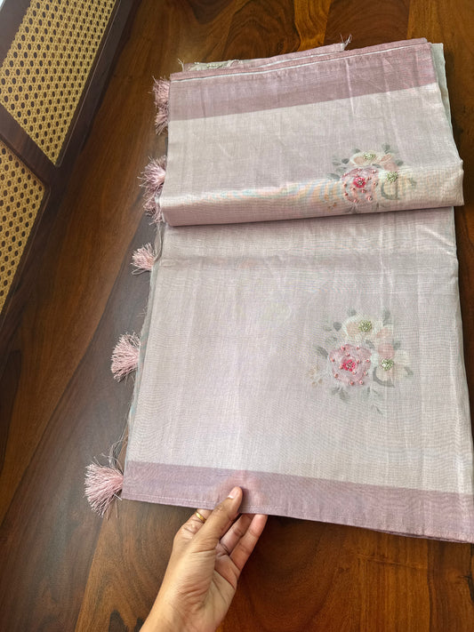 Floral Handwork Tissue Saree - Dusty Pink