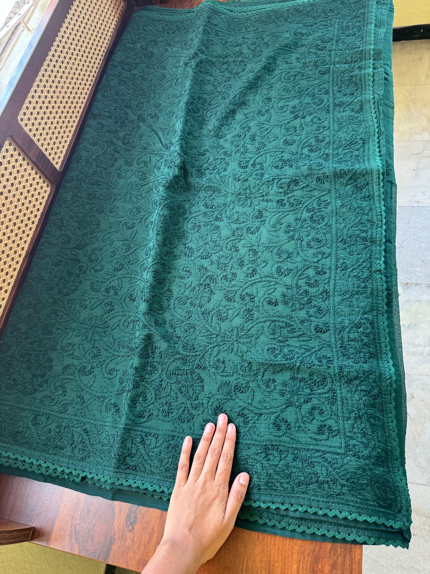 Pure Mul Chanderi Chikankari Saree with Jaal Pallu - Green