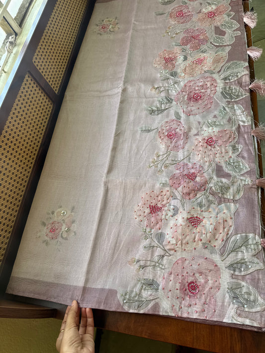 Floral Handwork Tissue Saree - Dusty Pink