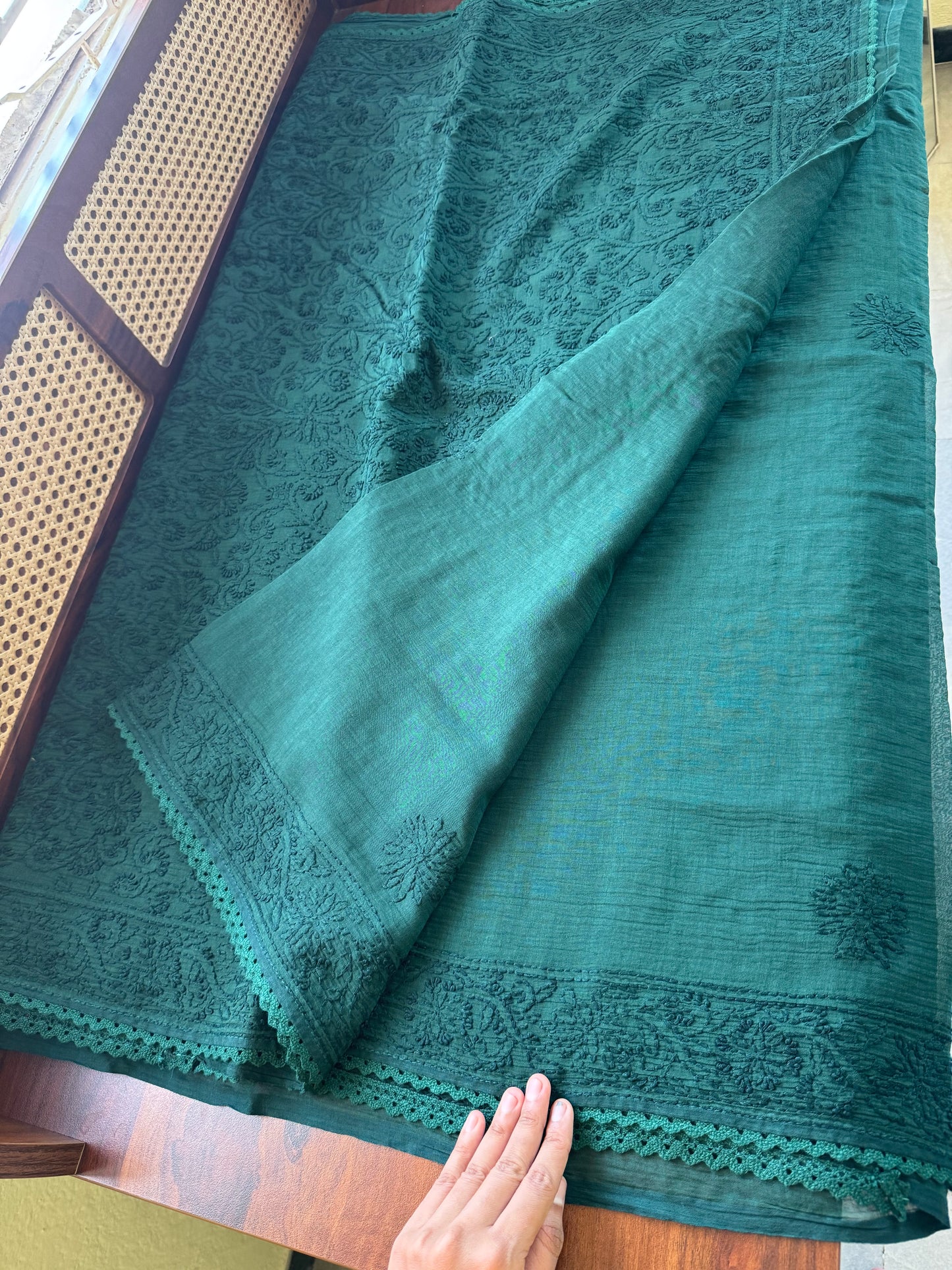 Pure Mul Chanderi Chikankari Saree with Jaal Pallu - Green