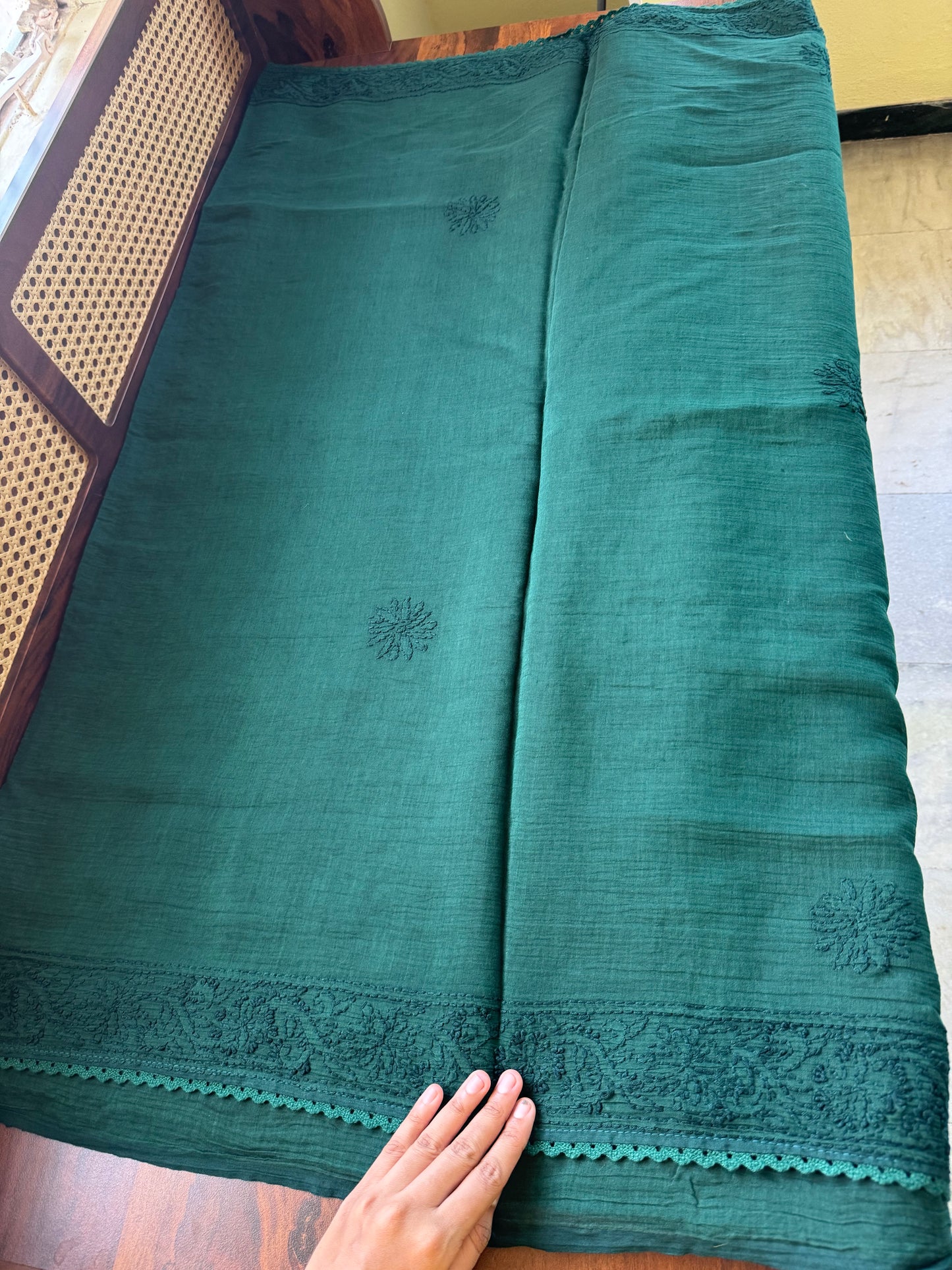 Pure Mul Chanderi Chikankari Saree with Jaal Pallu - Green