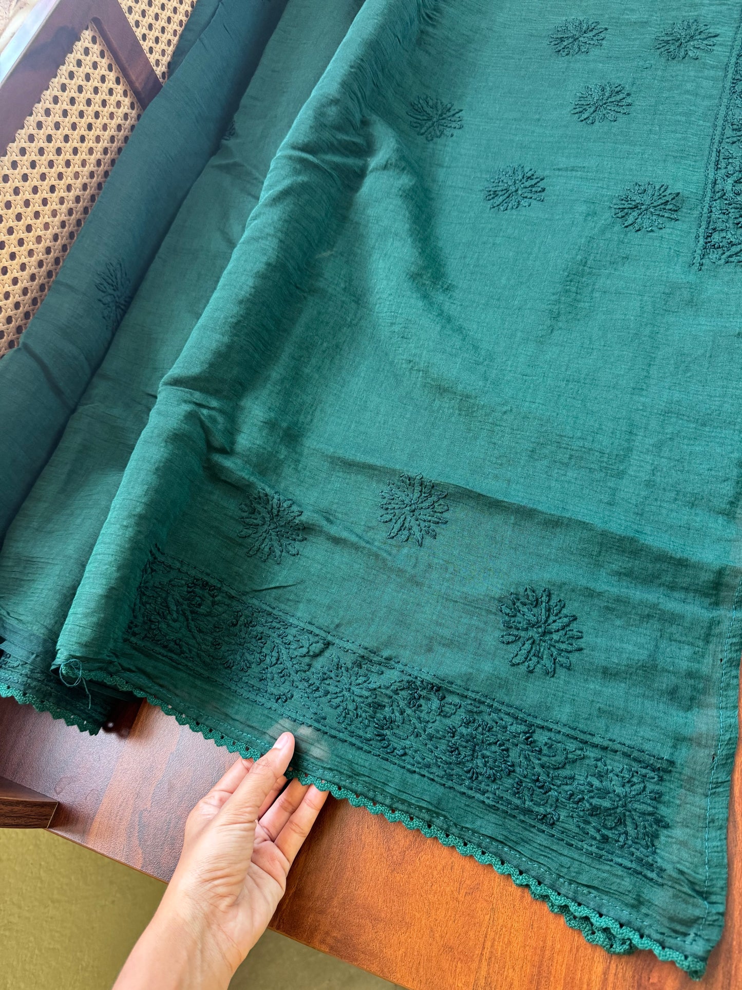 Pure Mul Chanderi Chikankari Saree with Jaal Pallu - Green
