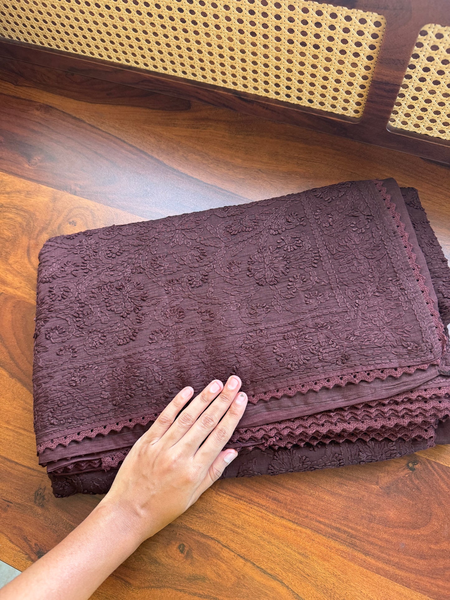Pure Mul Chanderi Chikankari Saree with Jaal Pallu - Brown