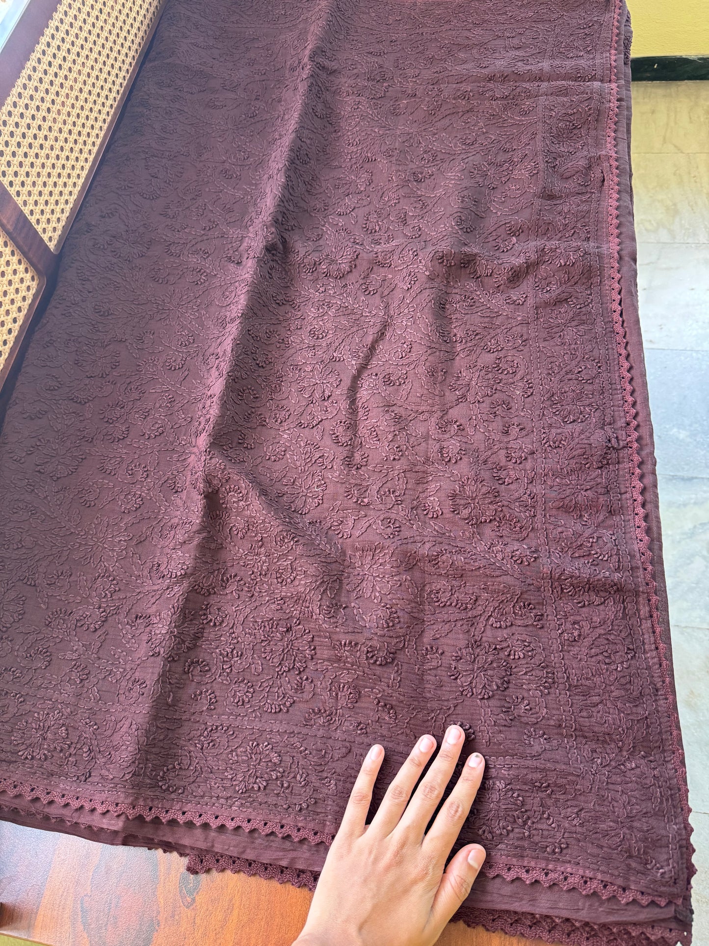 Pure Mul Chanderi Chikankari Saree with Jaal Pallu - Brown
