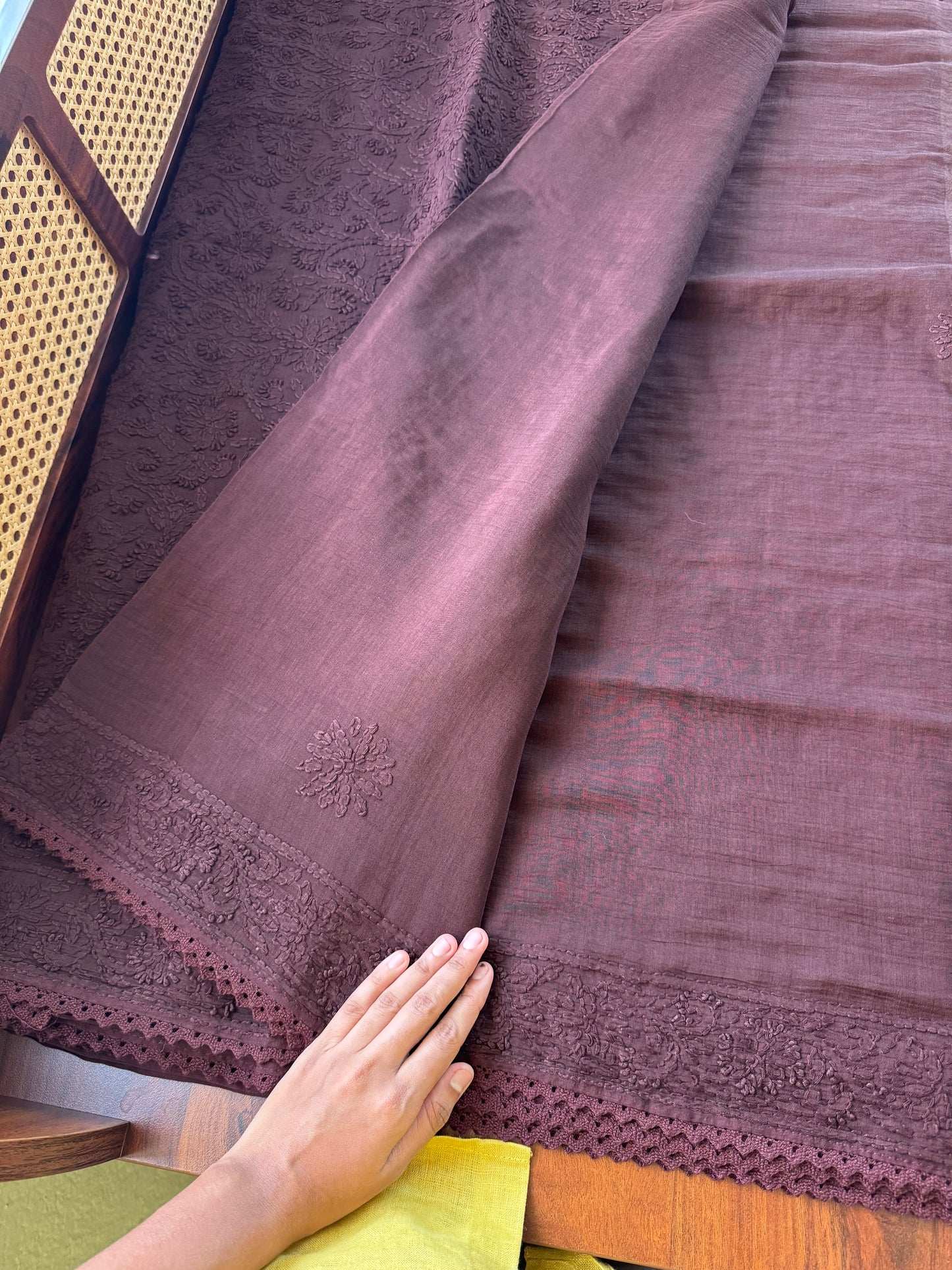 Pure Mul Chanderi Chikankari Saree with Jaal Pallu - Brown