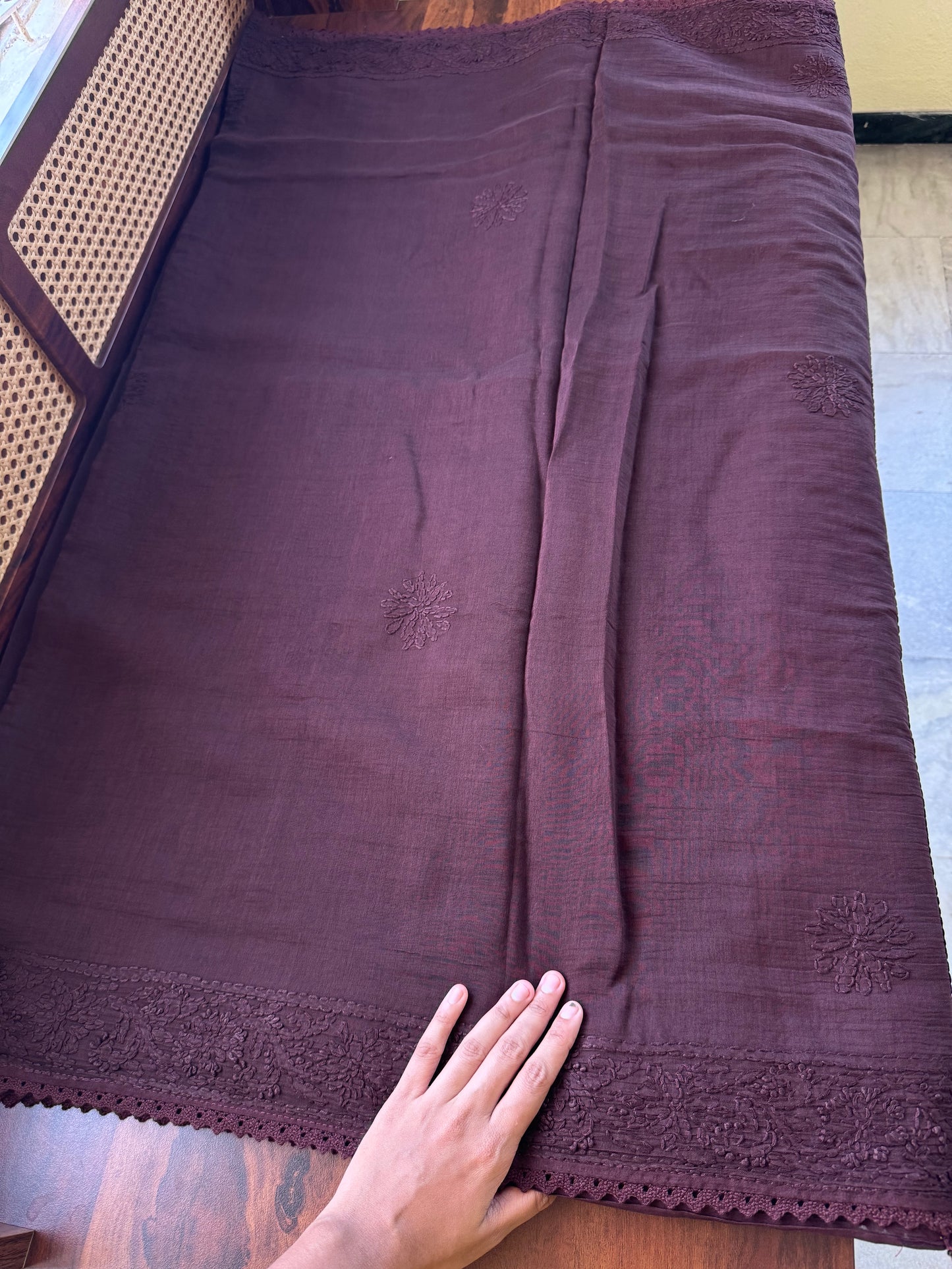 Pure Mul Chanderi Chikankari Saree with Jaal Pallu - Brown