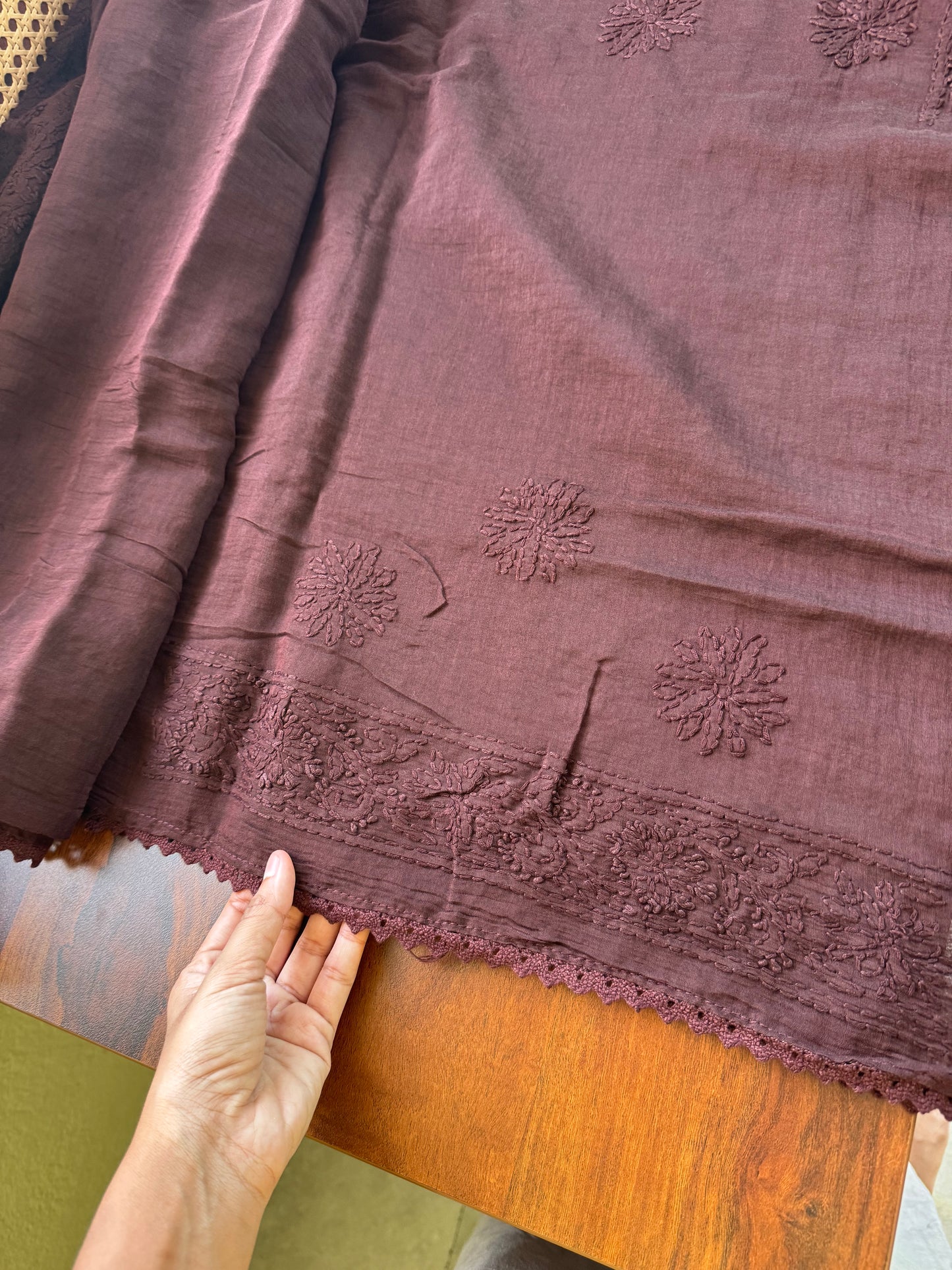 Pure Mul Chanderi Chikankari Saree with Jaal Pallu - Brown
