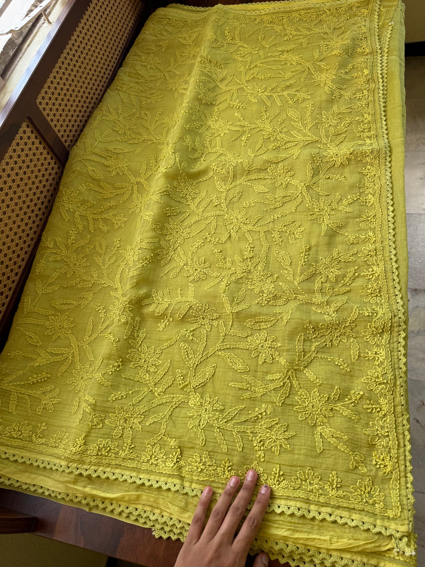 Pure Mul Chanderi Chikankari Saree with Jaal Pallu & Blouse - Lime Green