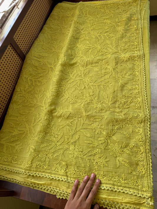 Pure Mul Chanderi Chikankari Saree with Jaal Pallu & Blouse - Lime Green