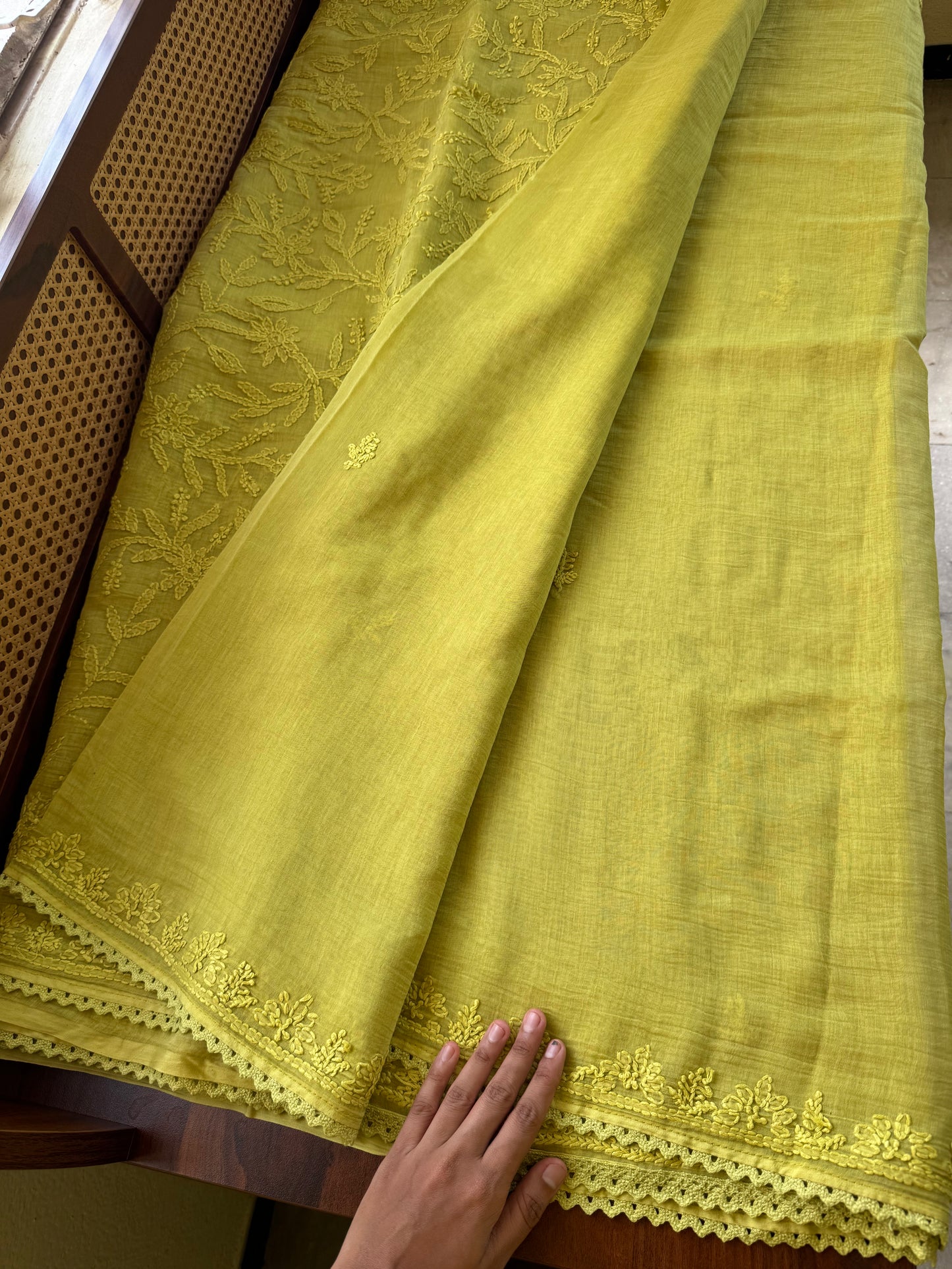 Pure Mul Chanderi Chikankari Saree with Jaal Pallu & Blouse - Lime Green