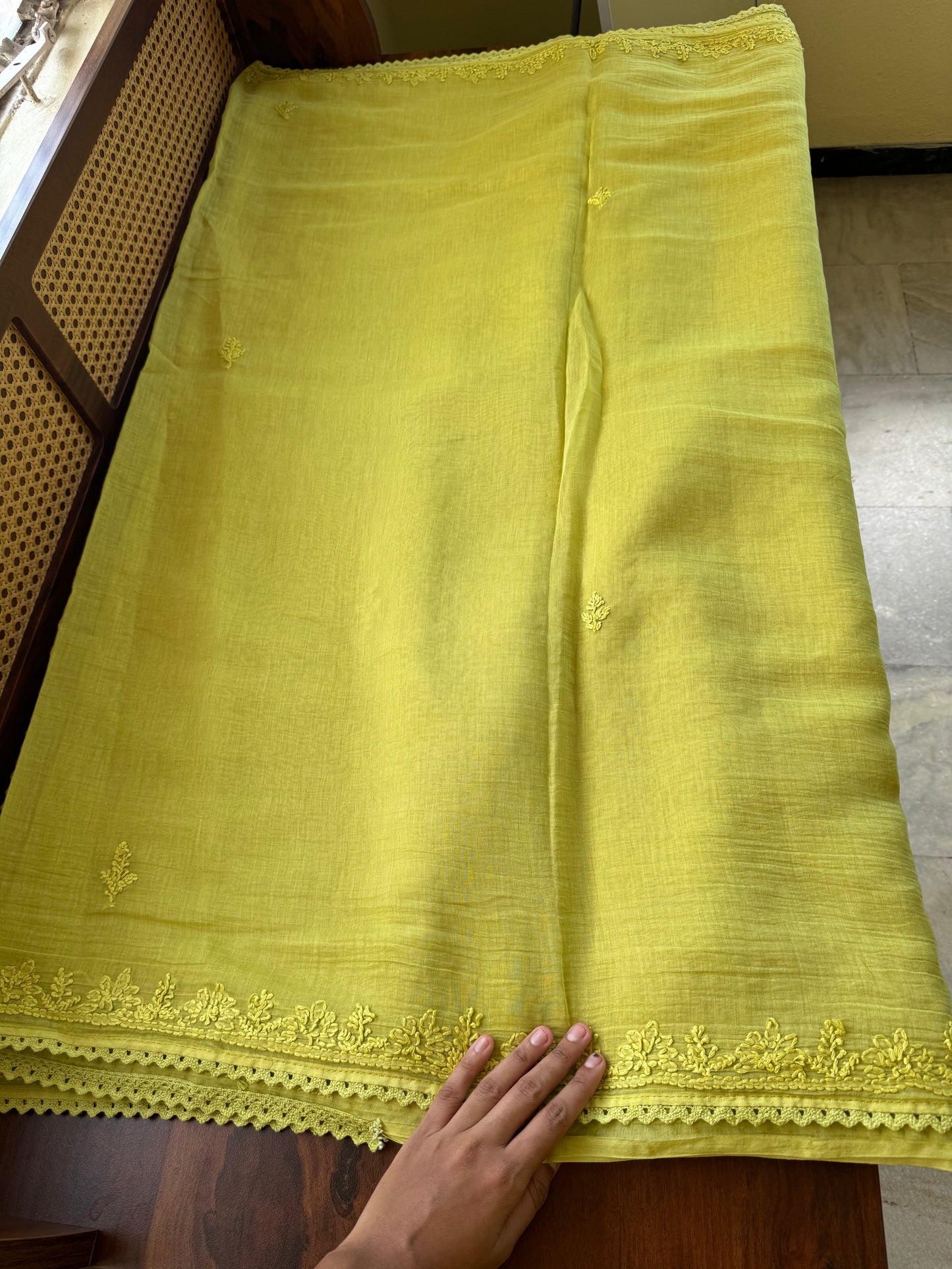 Pure Mul Chanderi Chikankari Saree with Jaal Pallu & Blouse - Lime Green