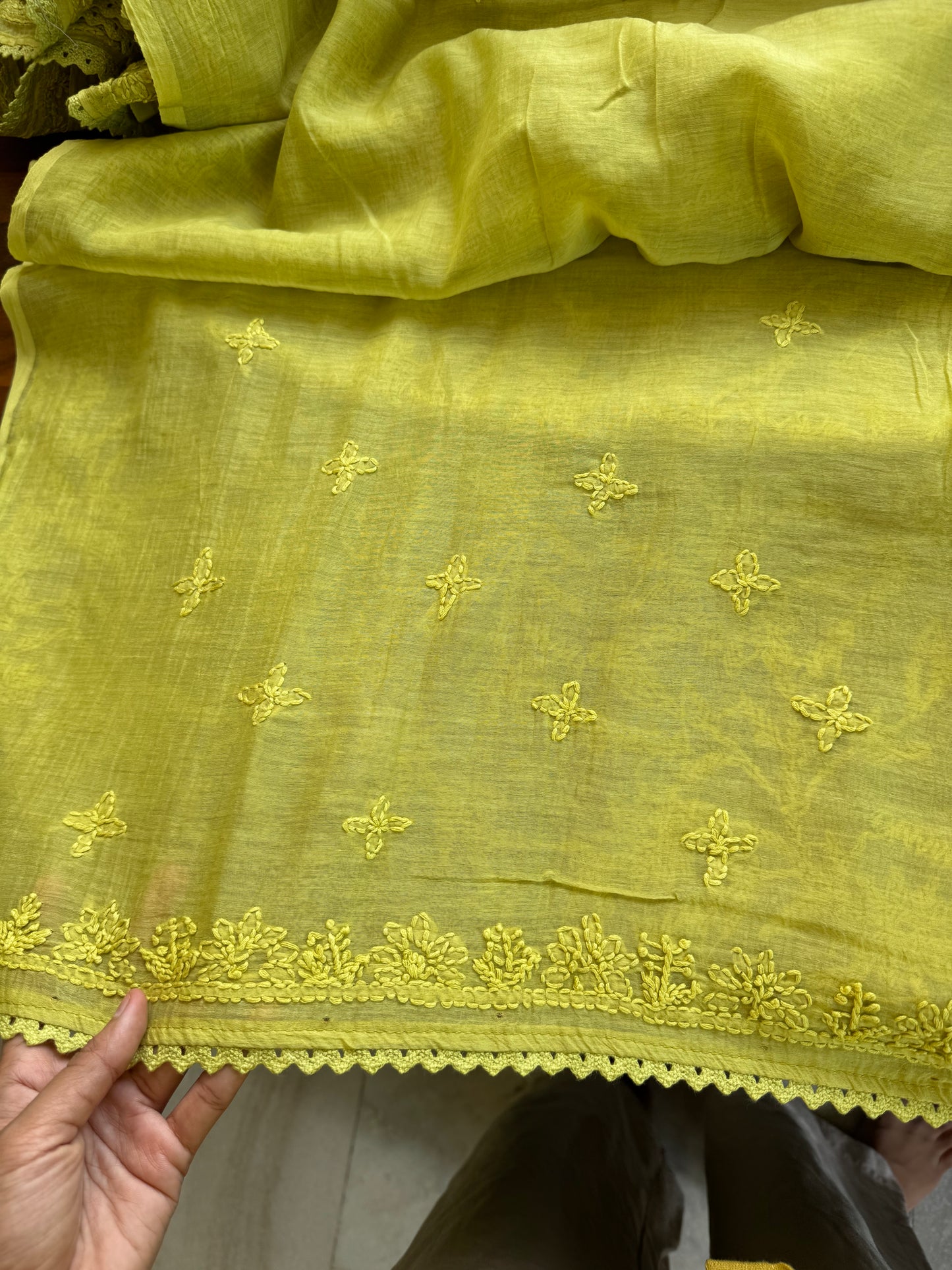 Pure Mul Chanderi Chikankari Saree with Jaal Pallu & Blouse - Lime Green