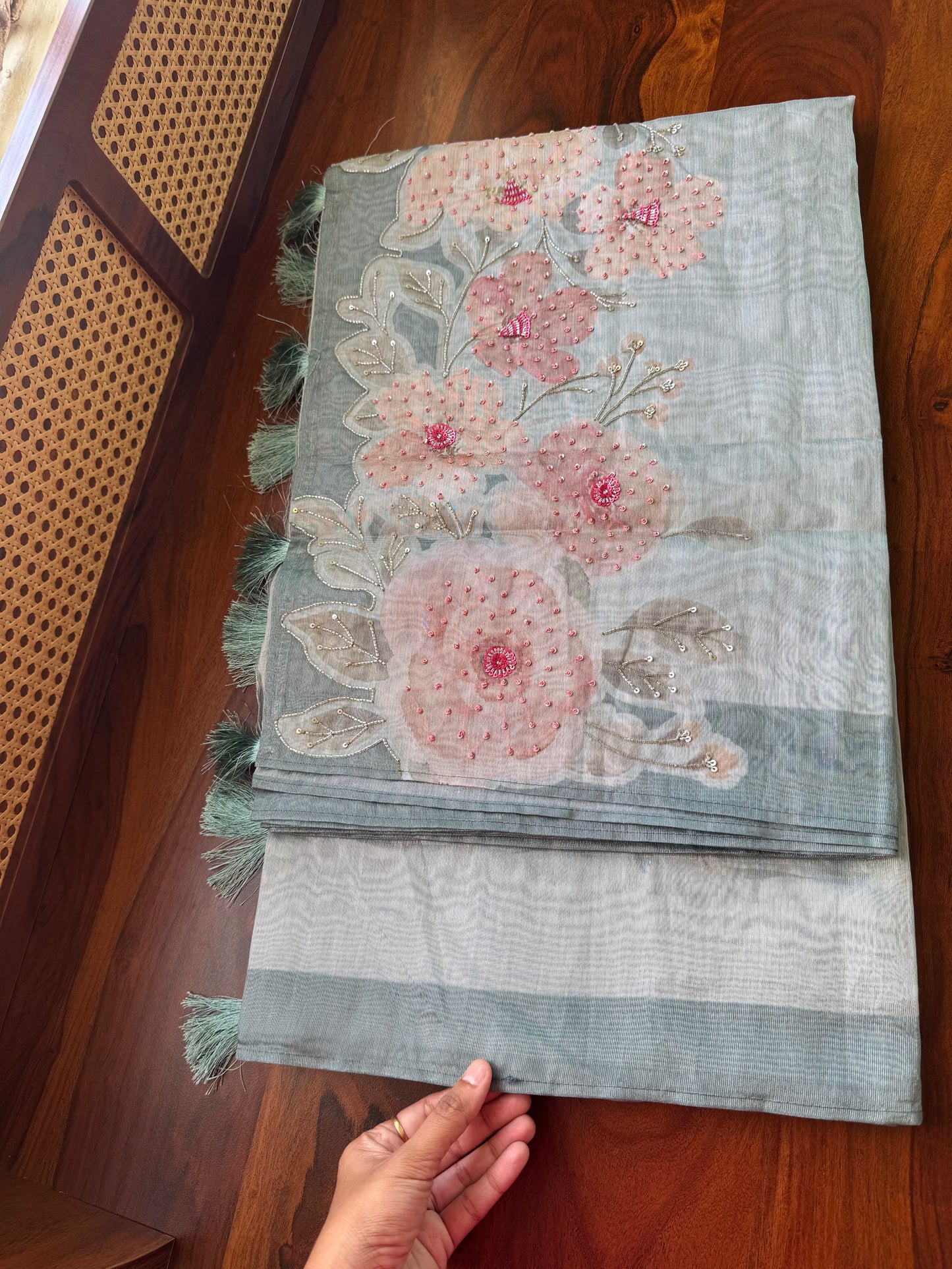 Floral Handwork Tissue Saree - Pastel Blue