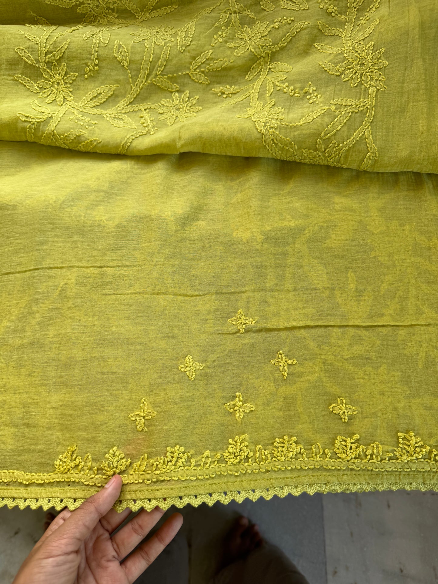 Pure Mul Chanderi Chikankari Saree with Jaal Pallu & Blouse - Lime Green