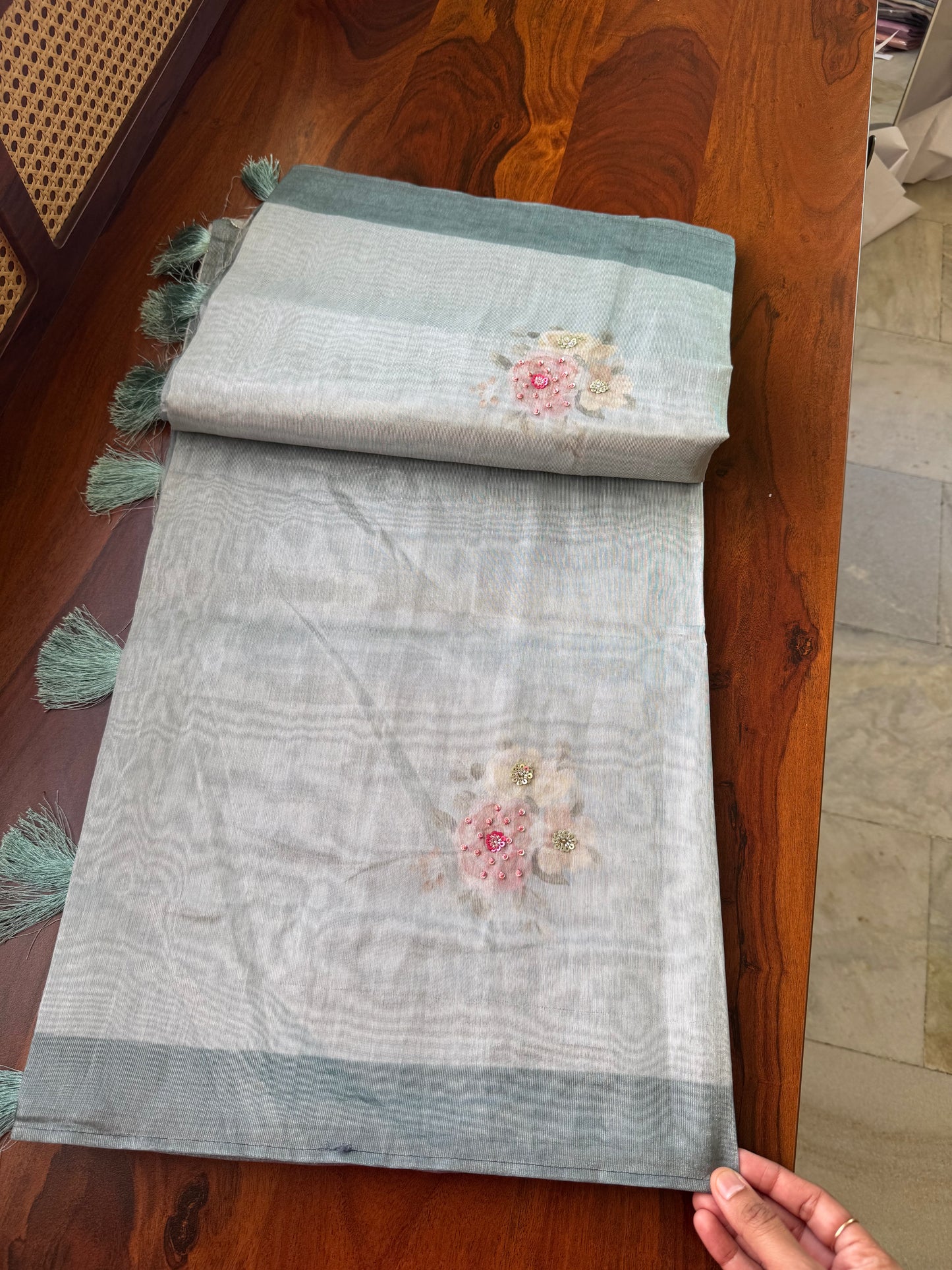 Floral Handwork Tissue Saree - Pastel Blue