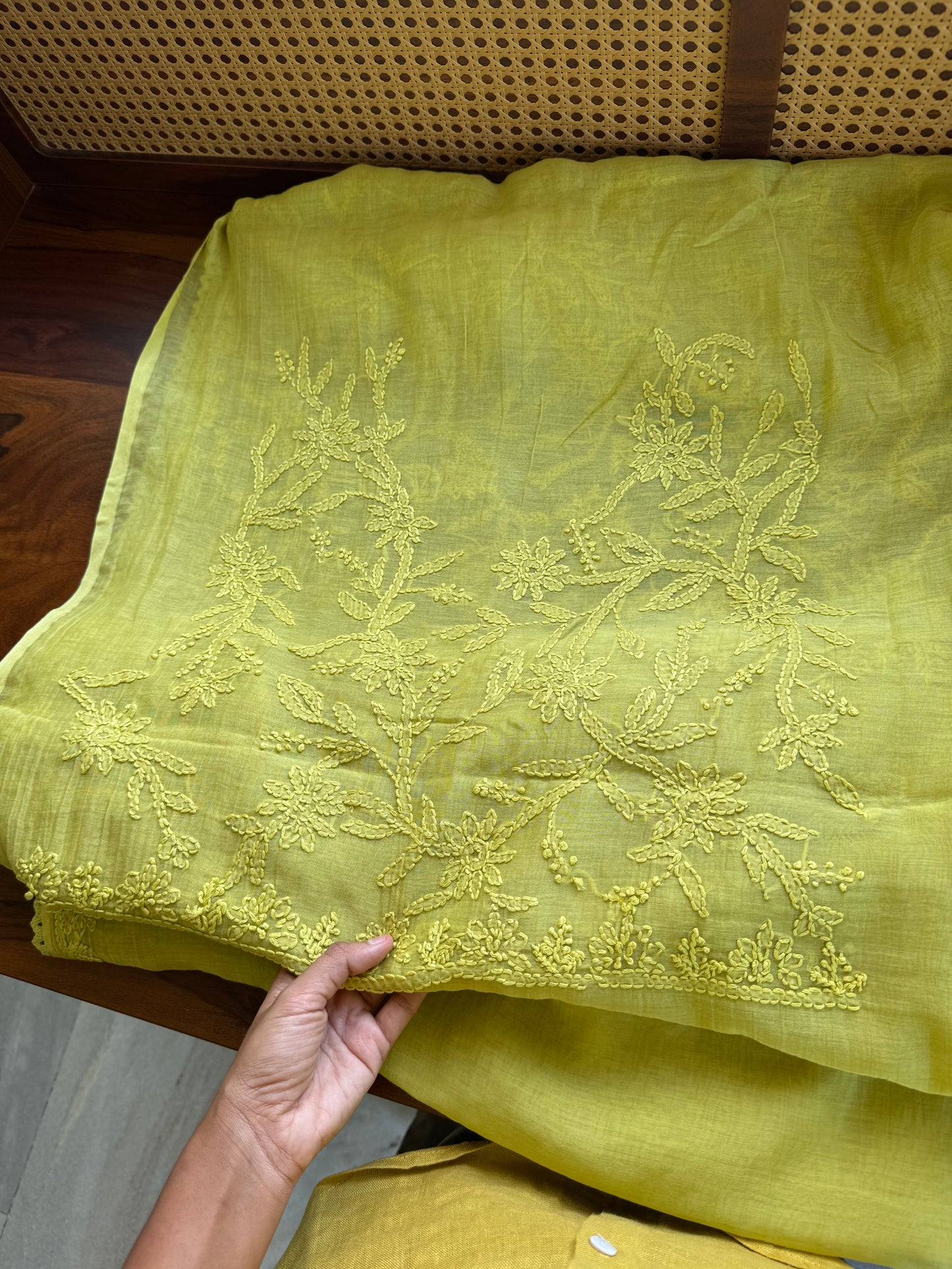 Pure Mul Chanderi Chikankari Saree with Jaal Pallu & Blouse - Lime Green