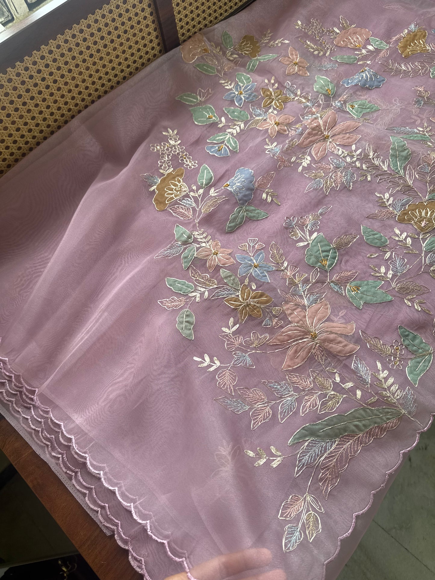 Tissue Organza Saree with appliqué work - Pink
