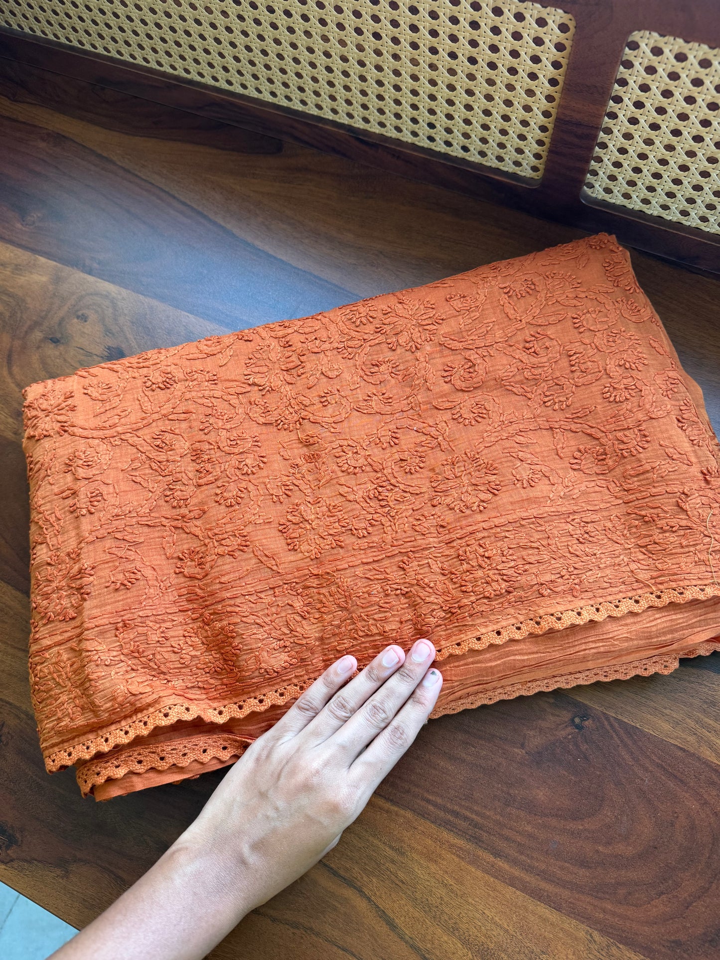 Pure Mul Chanderi Chikankari Saree with Jaal Pallu - Rustic Orange