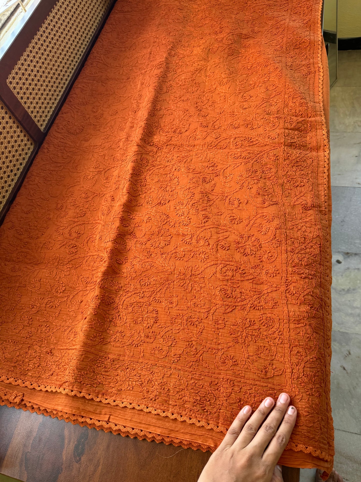 Pure Mul Chanderi Chikankari Saree with Jaal Pallu - Rustic Orange