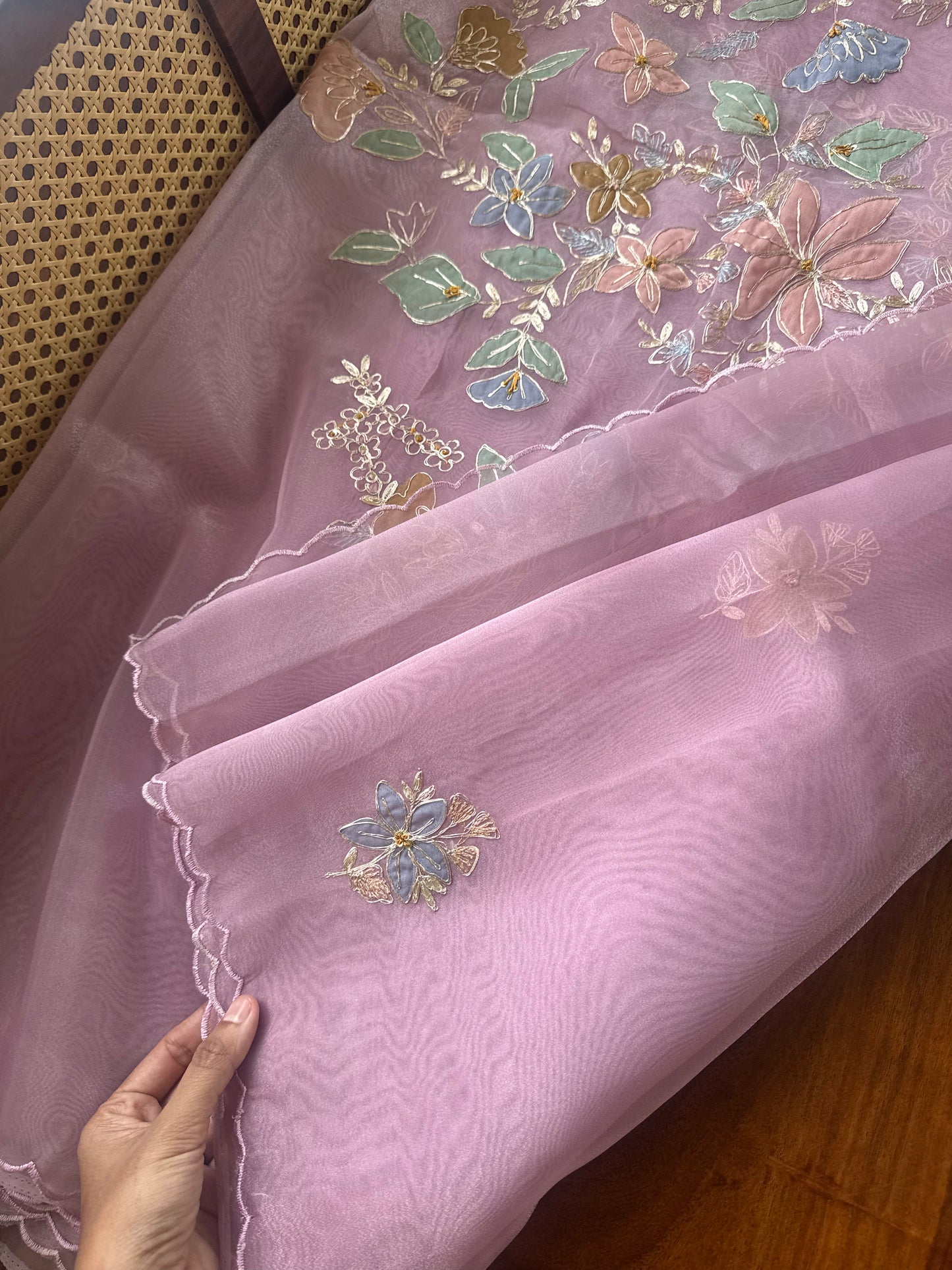 Tissue Organza Saree with appliqué work - Pink