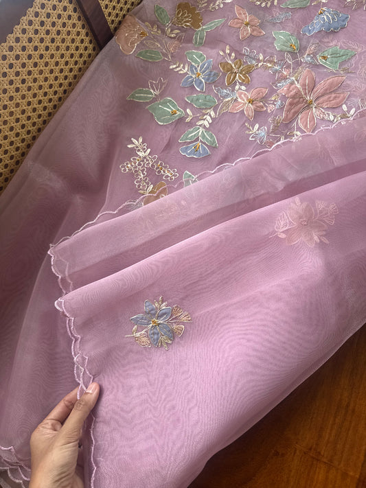 Tissue Organza Saree with appliqué work - Pink