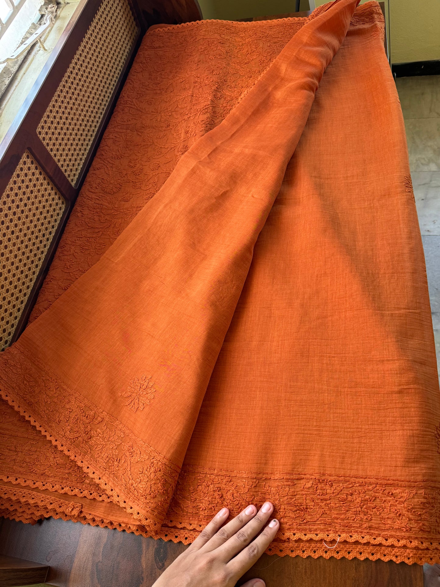 Pure Mul Chanderi Chikankari Saree with Jaal Pallu - Rustic Orange