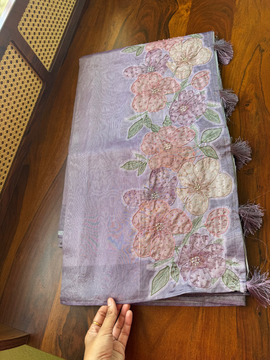 Floral Handwork Tissue Saree - Lavender