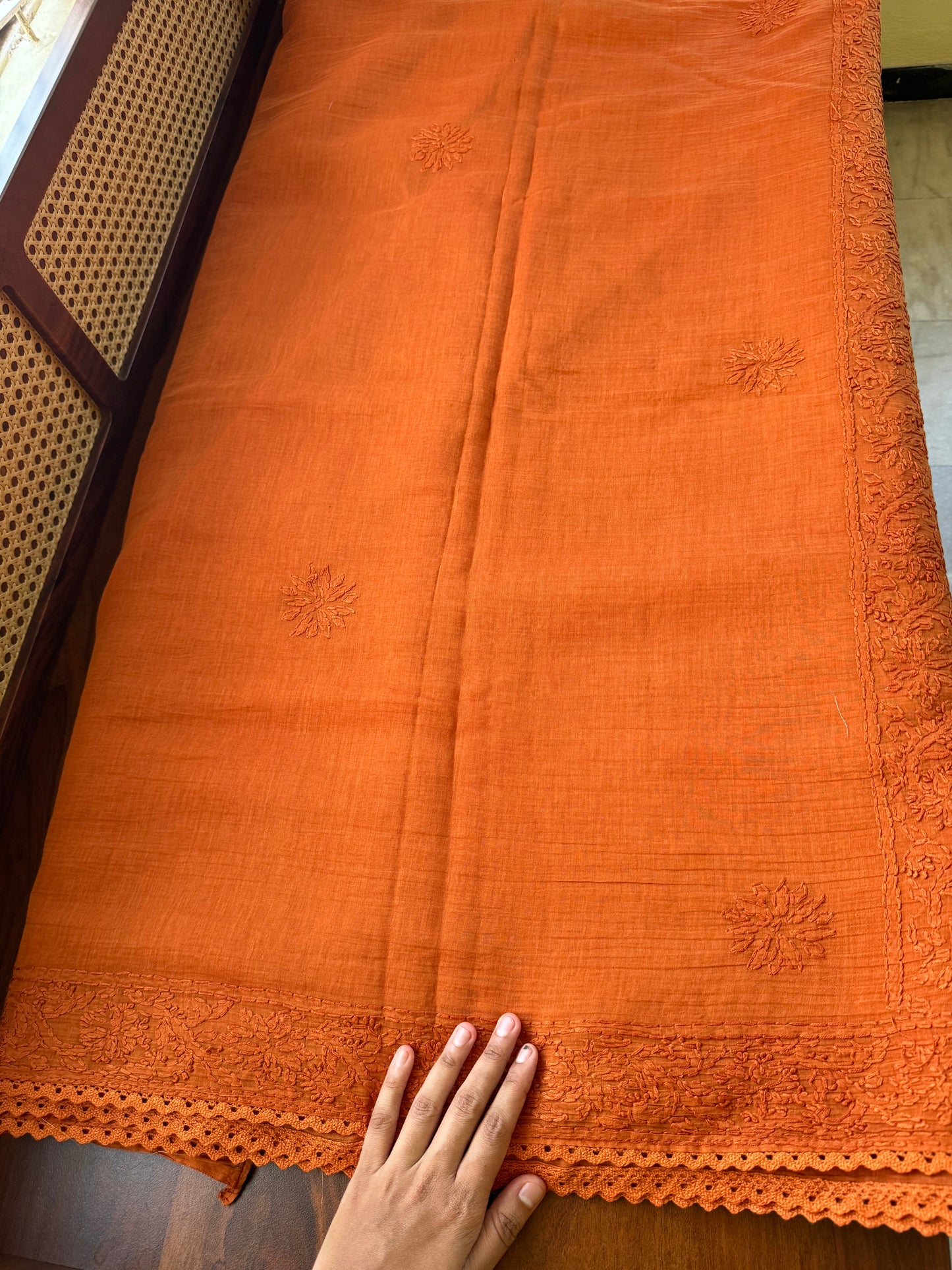 Pure Mul Chanderi Chikankari Saree with Jaal Pallu - Rustic Orange