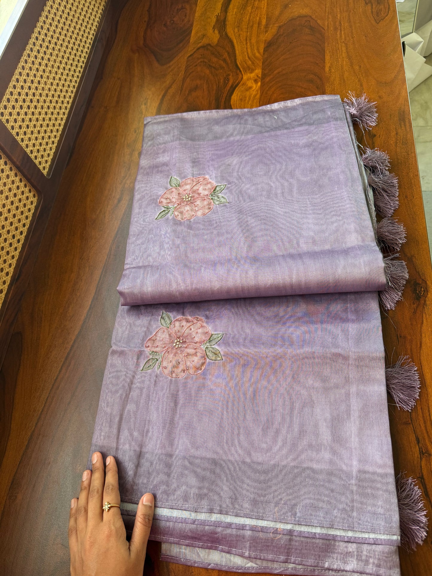 Floral Handwork Tissue Saree - Lavender