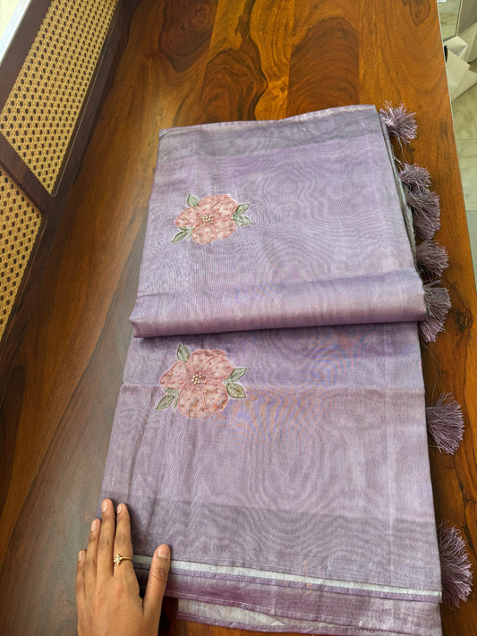 Floral Handwork Tissue Saree - Lavender
