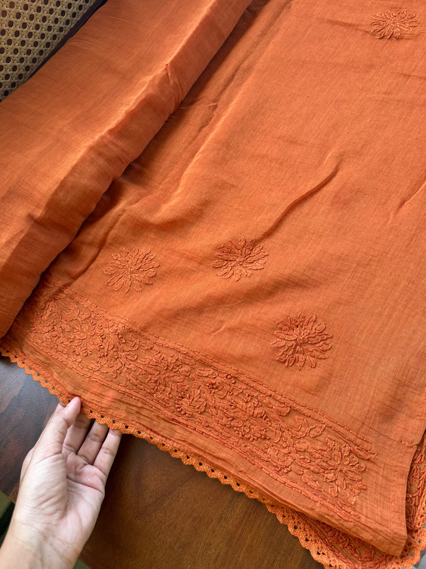 Pure Mul Chanderi Chikankari Saree with Jaal Pallu - Rustic Orange
