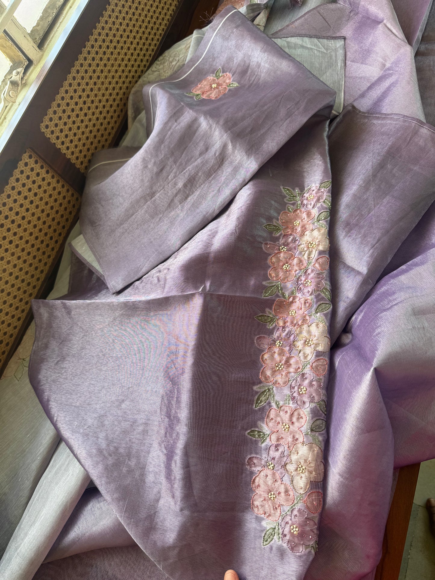 Floral Handwork Tissue Saree - Lavender
