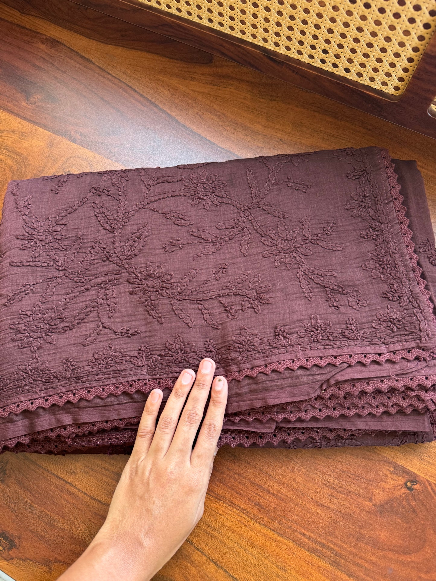 Pure Mul Chanderi Chikankari Saree with Jaal Pallu & Blouse - Brown