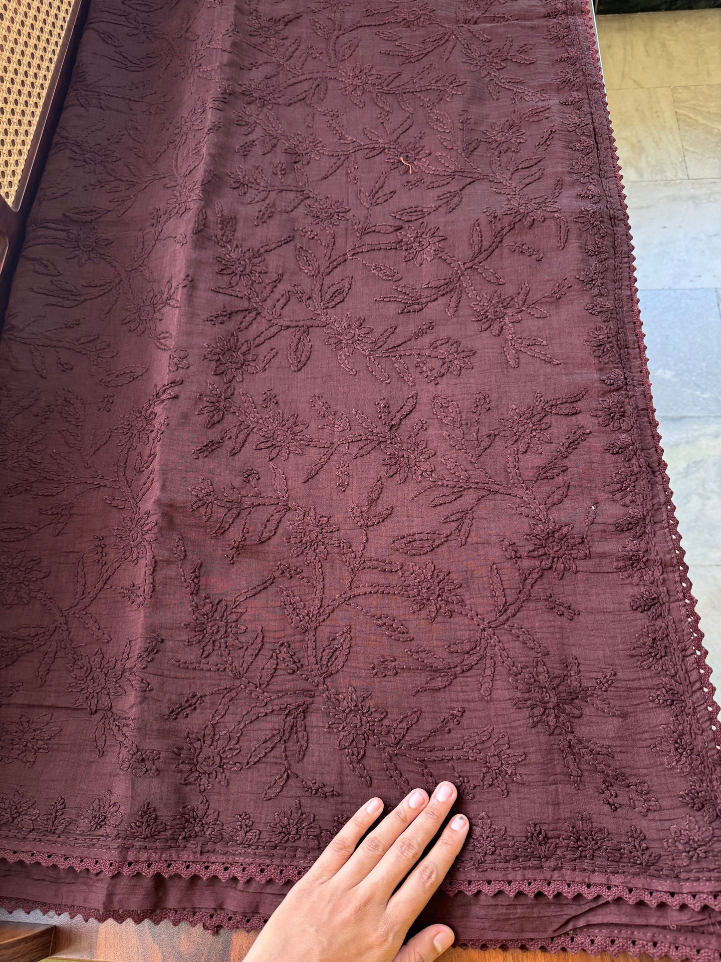 Pure Mul Chanderi Chikankari Saree with Jaal Pallu & Blouse - Brown
