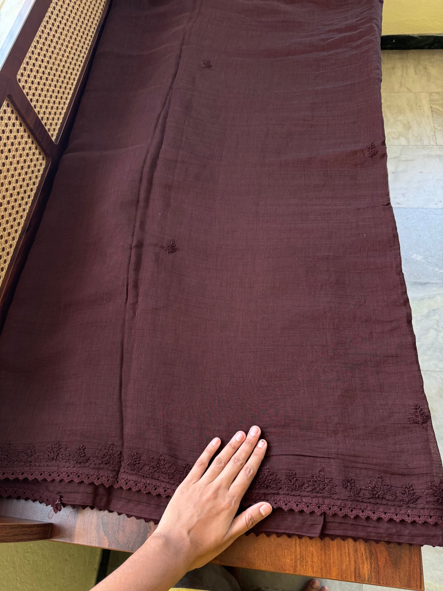 Pure Mul Chanderi Chikankari Saree with Jaal Pallu & Blouse - Brown