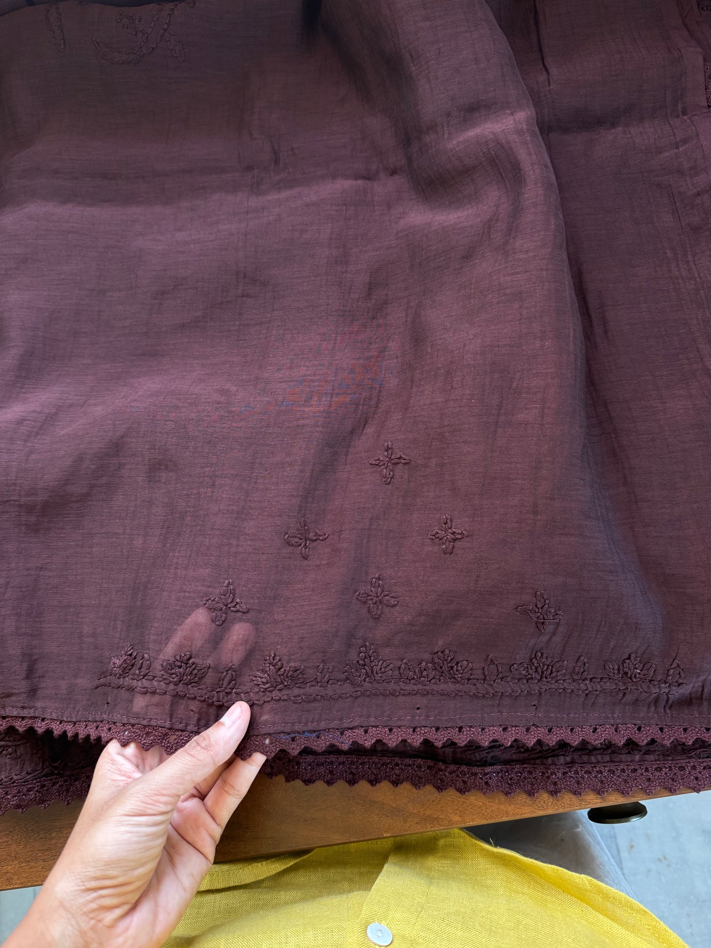 Pure Mul Chanderi Chikankari Saree with Jaal Pallu & Blouse - Brown