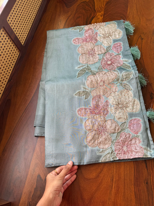 Floral Handwork Tissue Saree -Greyish Blue